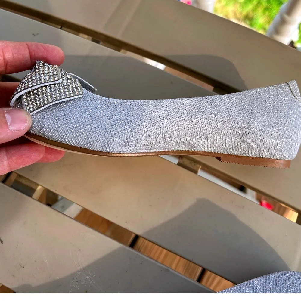 Lauren‎ Lorraine Silver Glitter Rhinestone Bow Ballet Flats Kids Size 10.5 NWB